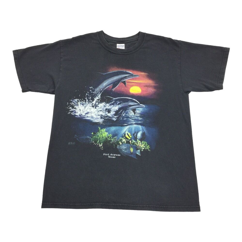 Vintage 1990s Nature Dolphin Sunset Texas Short Sleeve T-Shirt Large Black L